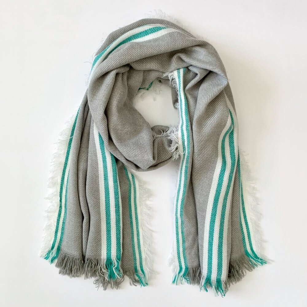Striped Knit Long Wide Lightweight Fringe Scarf Gray Green White Cottagecore